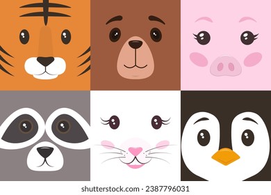 Cute pet faces flat illustration set for childish product design