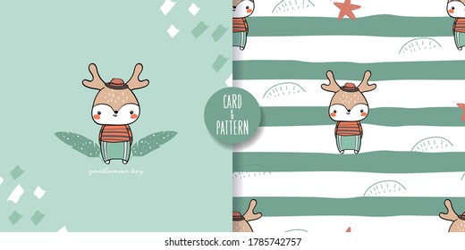 Cute pet fawn drawings Hand drawn pet Wearing a simple patterned costume Gestures Funny and fun Colorful face smile in Seamless pattern and illustration