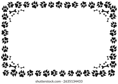 Cute pet frame with animal paw prints and bone patterns. Cat or dog paws border
