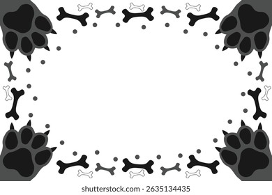 Cute pet frame with animal paw prints and bone patterns. Cat or dog paws border