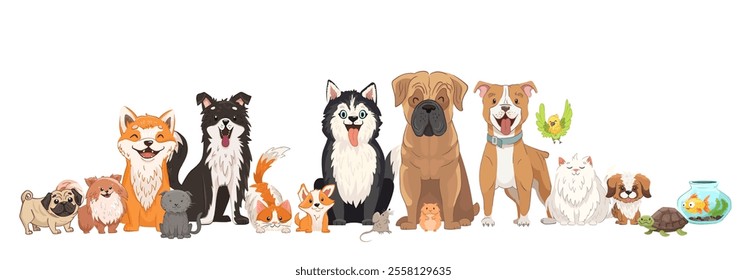 Cute pet friends: funny puppy, cats, dogs, turtle, hamster, rat. Domestic animals hugging, sitting together. Cartoon character collection showing pets companionship and friendship in flat vector style