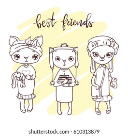 Cute pet friends illustration. Hand-drawn contour for children coloring.