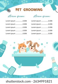 Cute pet grooming menu template with a cute cat and dog in a bubble bath, perfect for veterinary or pet care services. Vector illustration