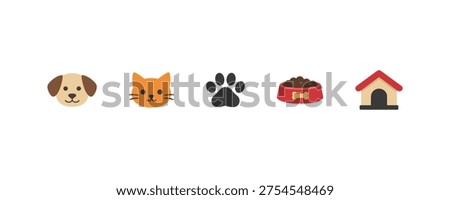 Cute pet icons: dog, cat, paw, food bowl, and doghouse emoticons.