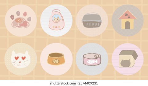 Cute pet icons featuring cats, paws, and pet accessories. Cat faces, paw prints, and pet houses in soft pastel colors. Ideal for pet-themed designs. Cute pet illustrations vector set.