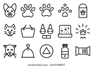 Cute pet icons set featuring dog cat paw prints food and accessories in simple outline style