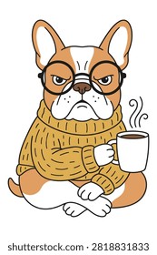 Cute pet illustration featuring frenchie dog with glasses drinking hot tea and wearing knitted winter clothes.