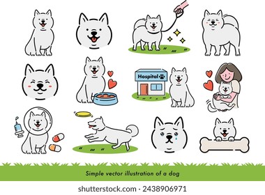 Cute pet illustration set of a white Shiba Inu with a hand-drawn feel that can be used for illustrations and icons