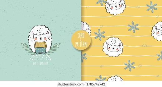 Cute pet lamb drawings Hand drawn pet Wearing a simple patterned costume Gestures Funny and fun Colorful face smile in Seamless pattern and illustration