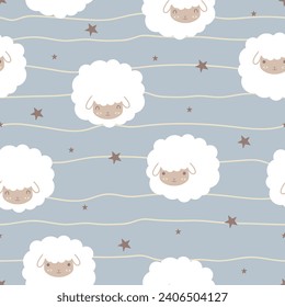 Cute pet lamb seamless pattern. White lamb and stars. Cartoon farm animals background. Design for prints, fabric, textile, wallpaper, wrapping paper. Vector illustration