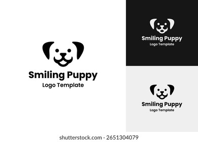 Cute pet logo design with smiling puppy face vector symbol illustration