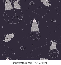 Cute pet pattern with planets stars rabbits planets stars in space. Blue black paper for scrapbooking doodle cosmos animal.