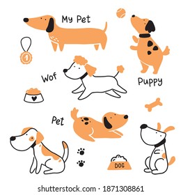 Cute pet puppy dog set. Happy and funny dog collection. Cartoon animal character illustration.