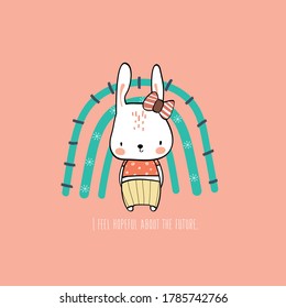 Cute pet rabbit drawings Hand drawn pet Wearing a simple patterned costume Gestures Funny and fun Colorful face smile in Seamless pattern and illustration