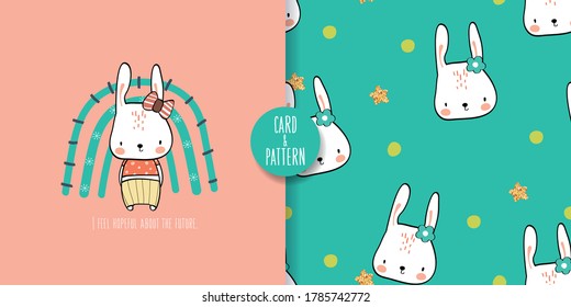 Cute pet rabbit drawings Hand drawn pet Wearing a simple patterned costume Gestures Funny and fun Colorful face smile in Seamless pattern and illustration