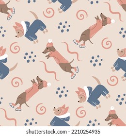 Cute pet seamless pattern with dogs. Elegant cozy animal endless background with various breeds. Puppies festive repeat vector illustration. Dachshund and Chihuahua in hat, sweater, ice skates