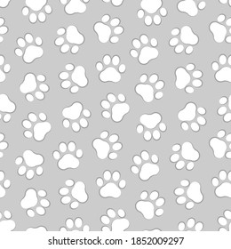 Cute pet seamless print pattern. pets dog or cat paw background. Puppy foot print. Black silhouette paw shaped pet footprints or animal track. Dog and cat traces design for print. Vector footprints