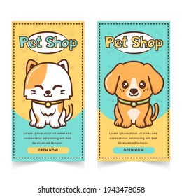 cute pet shop banner with cat and puppy character