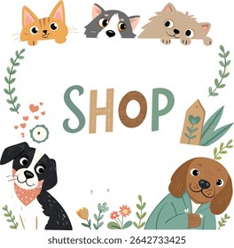 Cute Pet Shop Illustration Featuring Cats and Dogs with Wreath and Greenery Elements