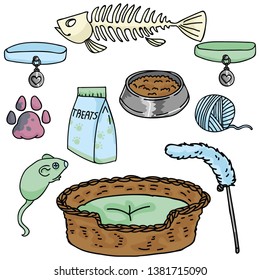 Cute pet supplies cartoon vector illustration motif set. Hand drawn isolated pet elements clipart for animal blog, cat toy graphic, bed web buttons.