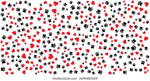 Cute Pet Themed Pattern of Paw Prints and Hearts.