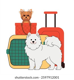 Cute pet travel illustration featuring a fluffy white Samoyed dog and a small Yorkshire Terrier sitting in a wicker basket, surrounded by suitcases and a pet carrier. Vector illustration
