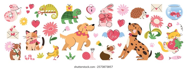 Cute pet in valentine day lovely vector. Collection pet of dog, cat, bird, fish, rabbit, rat, turtle. Adorable animal characters for clipart, decoration, prints, cover, greeting card, sticker.