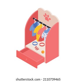 Cute pet wardrobe isometric icon with clothing and accessories for cats and dogs 3d vector illustration