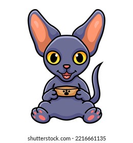 Cute peterbald cat cartoon holding food bowl