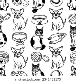 Cute pets and accessories seamless vector pattern. Goods for animals - dog leash, cat bowl with paw print, food, toy, claw clippers. Veterinary and grooming. Black and white background for poster, web