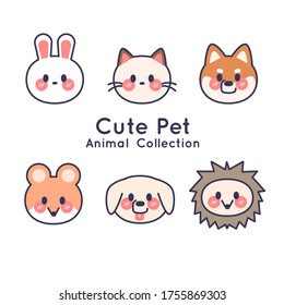 Cute-Haustiere Gesichtssammlung für Tiere. Vektorgrafik. Kaninchen, Katze, Hund, Hamster, Igel.