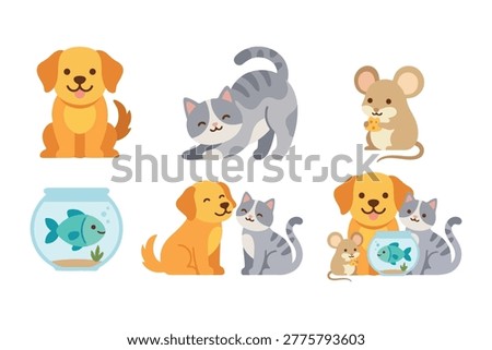 Cute Pets and Animal Friends Collection, Dog, Cat, Mouse, and Fish in Aquarium, Flat Vector Character Set for Kids and Nursery