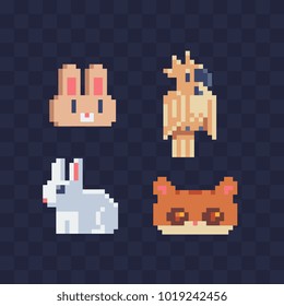 Cute pets bunny parrot cat pixel art style icons design for stickers, logo, embroidery, mobile app. Isolated vector illustration. 