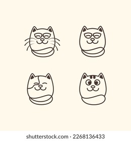 cute pets cat set face fat minimalist line mascot logo design vector icon illustration