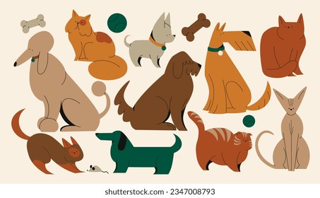 Cute pets cats and dogs. cartoon puppies characters in retro style. Animals veterinarian zoo stickers