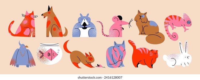 Cute pets cats and dogs in groovy style 90s. cartoon puppies characters in retro style. Animals veterinarian zoo stickers	