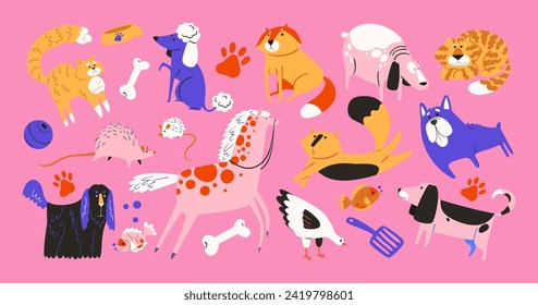 Cute pets cats and dogs in groovy style 90s. cartoon puppies characters in retro style. Animals veterinarian zoo stickers	