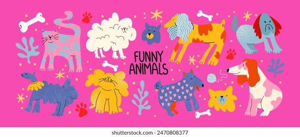 Cute pets cats and dogs in groovy style 90s. cartoon puppies characters in retro style. Animals veterinarian zoo stickers