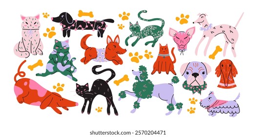 Cute pets cats and dogs in groovy style 90s. Doodle cartoon puppies characters in retro style. Animals veterinarian zoo stickers	
