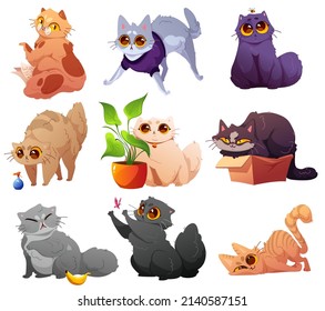 Cute pets characters, cats and kittens in different poses. Vector cartoon set of funny kitties reading, sitting in box, scared of banana and spray, hunting butterfly, with house plant
