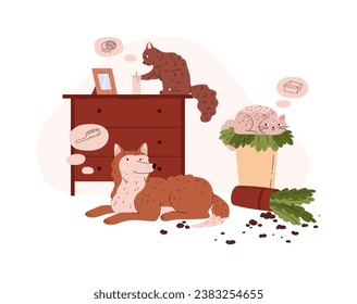Cute pets with clouds of thoughts in room flat style, vector illustration isolated on white background. Decorative design element, naughty characters, broken houseplant svg