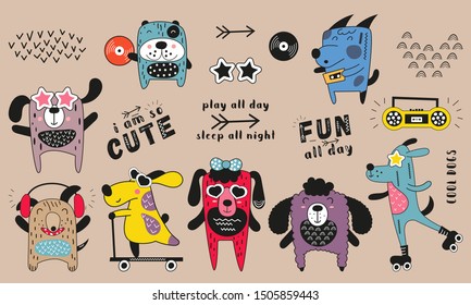 Cute pets - colorful cool funny dogs. Hand drawn. Doodle cartoon animals for nursery posters, cards, kids t-shirts. Vector illustration.