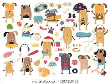 Metas ricas - coloridos perros divertidos. Dibujado a mano. Perros de dibujos animados Doodle para afiches de guardería, tarjetas, camisetas para niños. Ilustración vectorial. Aislado sobre fondo blanco.