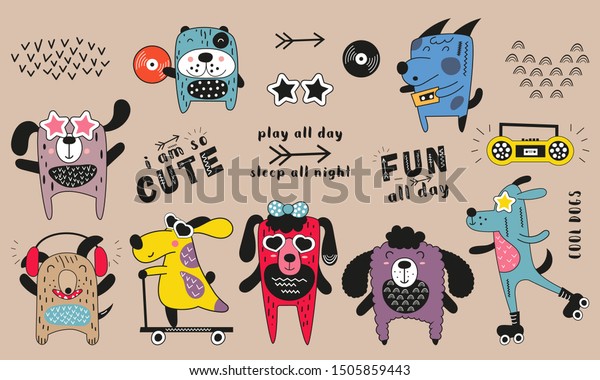 かわいいペット カラフルで格好いいおかしな犬 手描き 保育ポスター カード 子ども用tシャツ用の落書き風漫画の動物 ベクターイラスト のベクター画像素材 ロイヤリティフリー