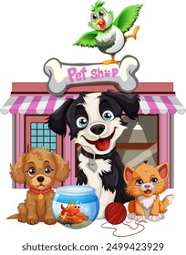 Cute pets in front of a pet shop