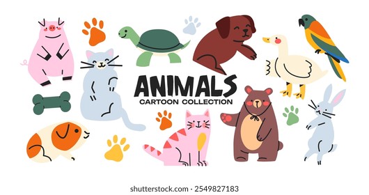 Animais bonitos no estilo groovy 90s. Desenhos animados engraçados personagens de cachorrinhos em estilo retrô. Animais selvagem veterinária zoológico adesivos	
