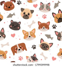 Cute pets pattern, different cats and dogs