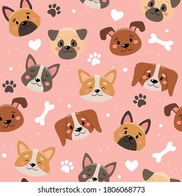 Cute pets pattern with different dogs. Vector illustration in flat style