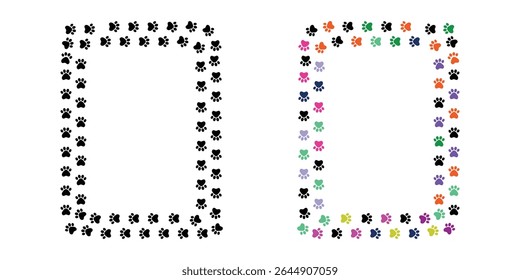 Cute Pets Paw Print Square Frames for Design. Cat or Dog Paw Prints on White Background.