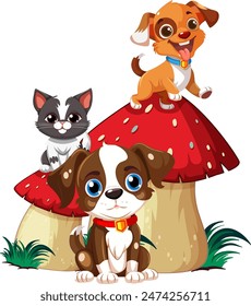 Cute pets playing around a giant mushroom